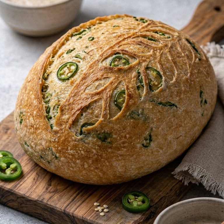 Loaf of bread with jalapeño slices on a wooden cutting board with bowls and a spoon in the background.
