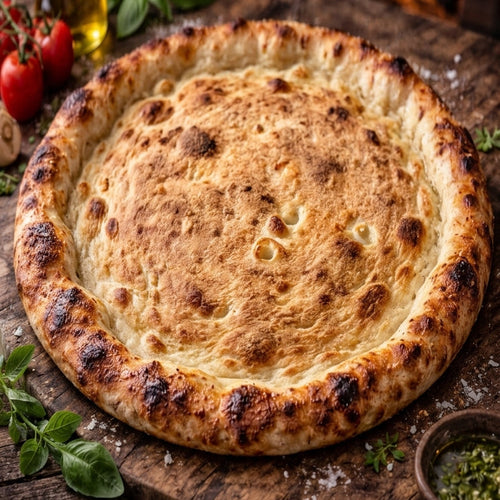 Wood-fired pizza on a wooden board with herbs and oil in the background